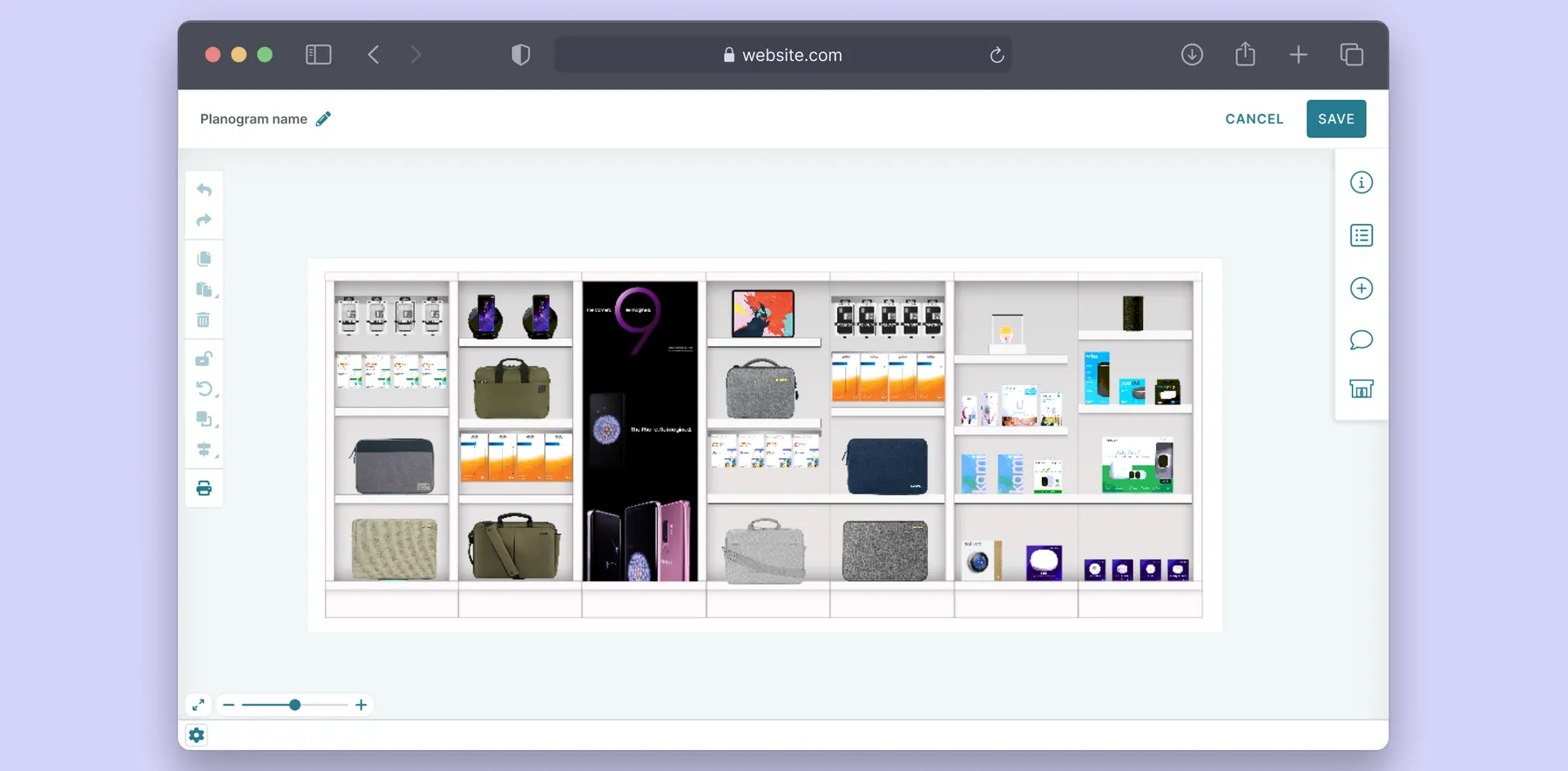 Planogram editor showing a retail fixture with product placements